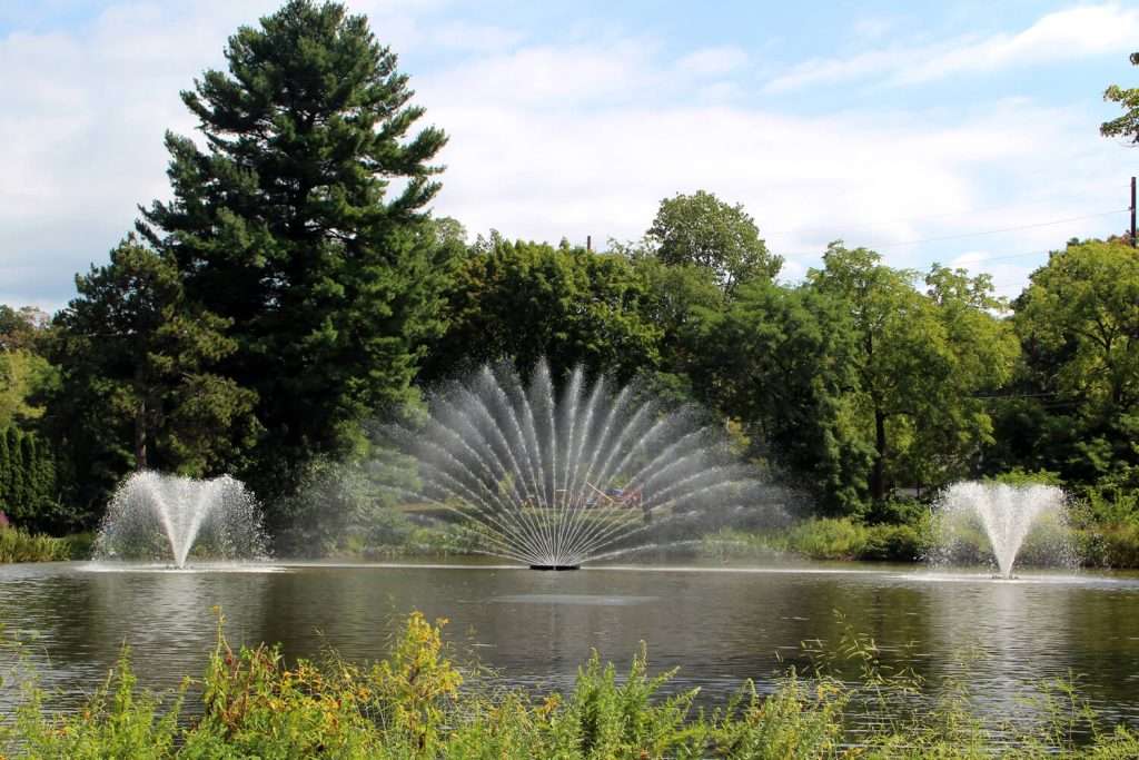 Otterbine Aries fountain system with three synchronized sprays in a large pond surrounded by trees