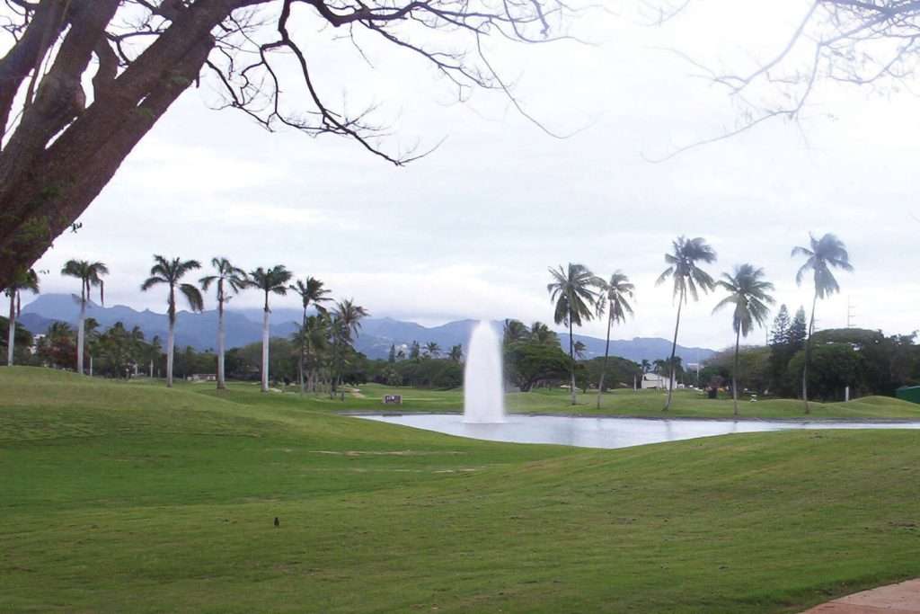 Otterbine Polaris fountain aerating a tropical golf course lake with palm trees and mountains in the background