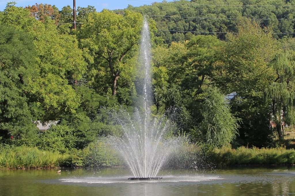 Otterbine Triad fountain creating a tall spray in a pond surrounded by green trees