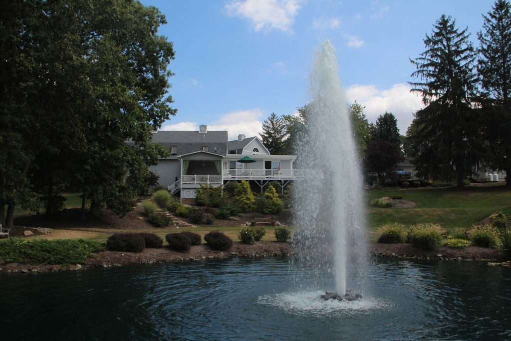 Fountain in pond with house and trees in background.