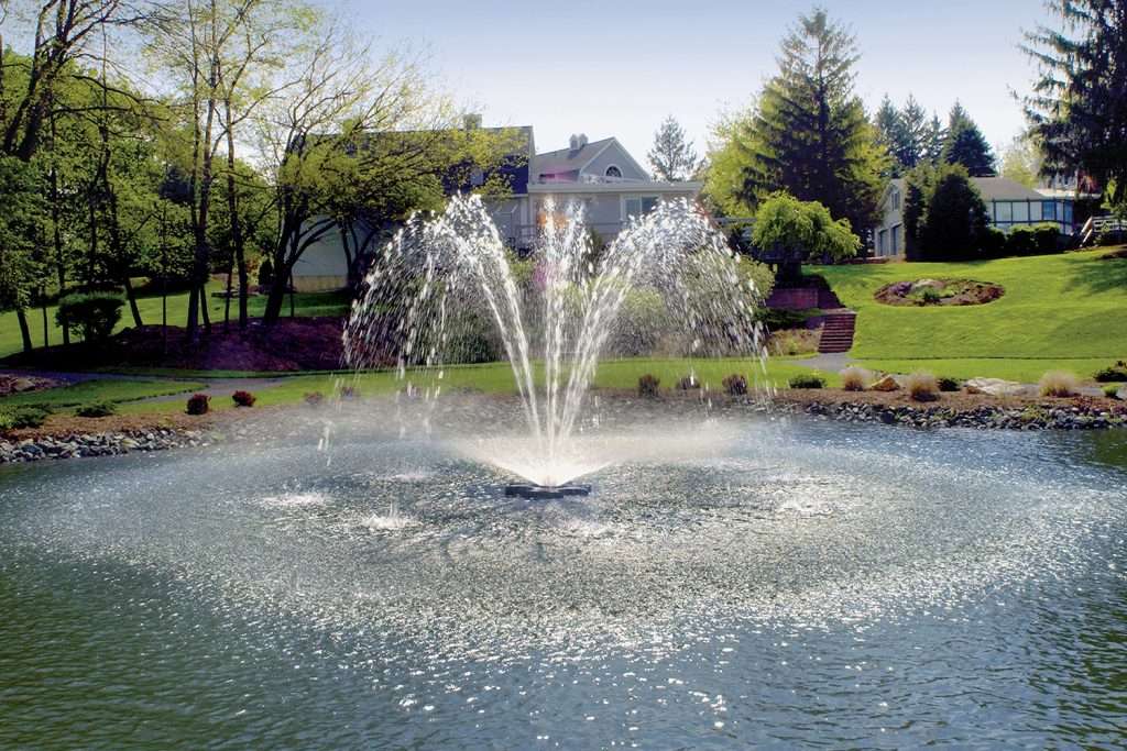 Garden fountain spraying water in landscaped pond.