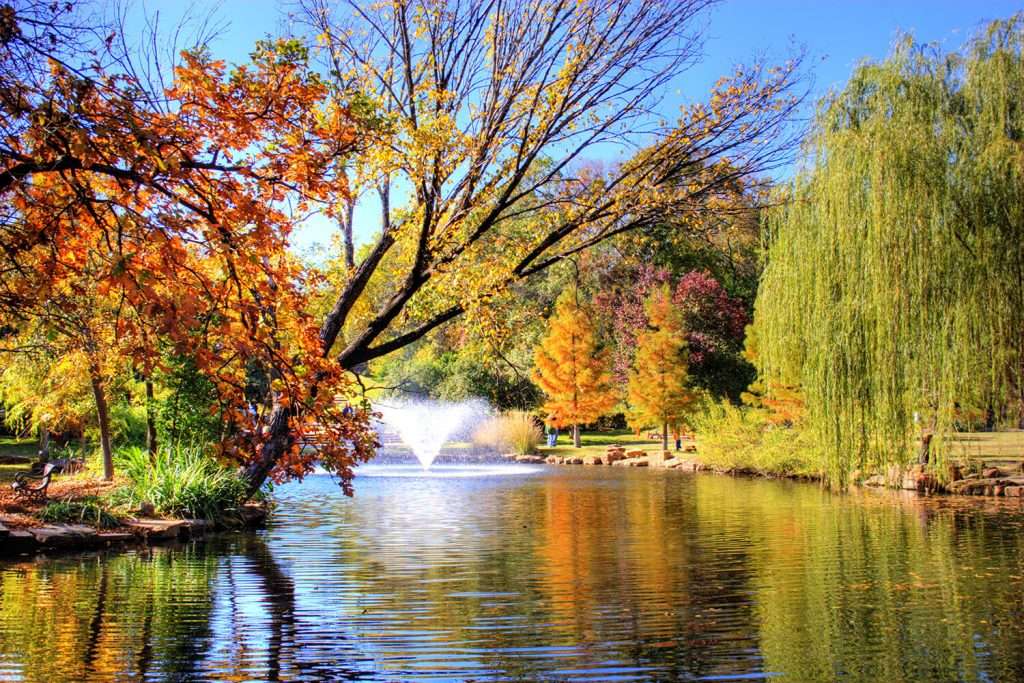 Scenic park pond with autumn trees and fountain.