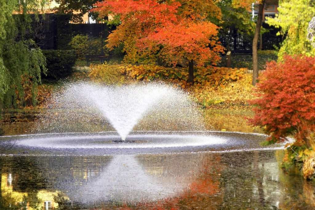 Fountain in autumn park with colorful trees and reflections.