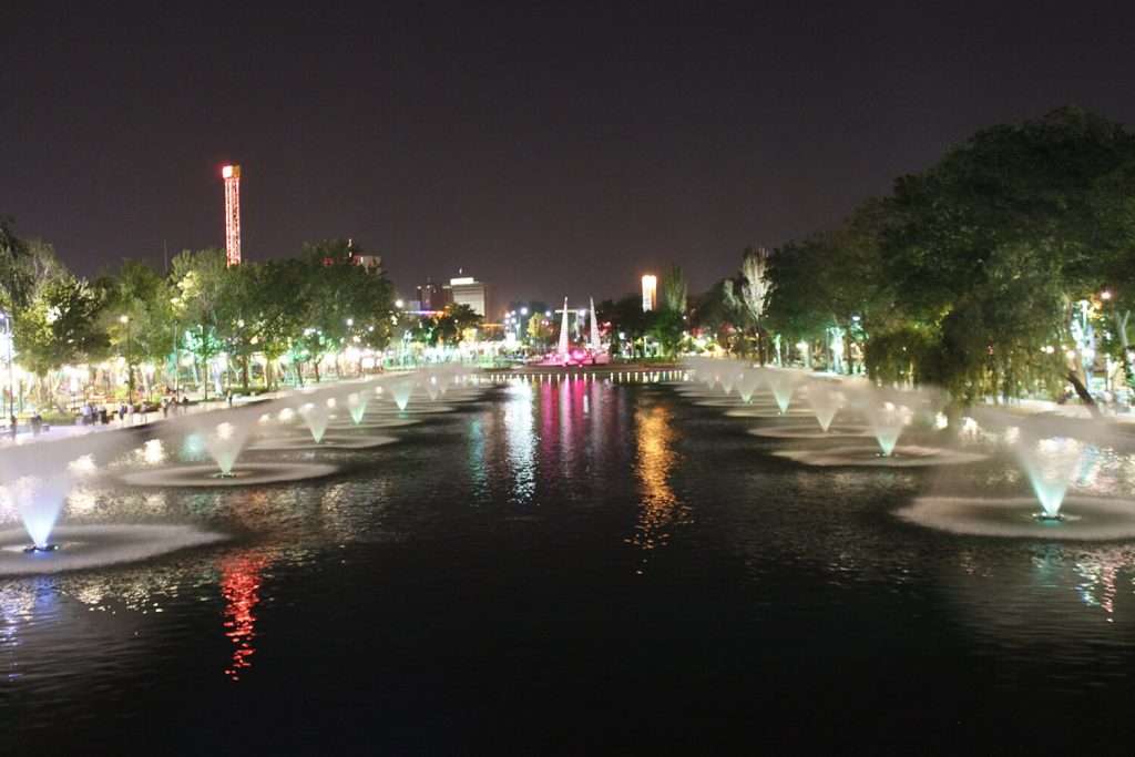 Illuminated fountains in a park at night with city lights.