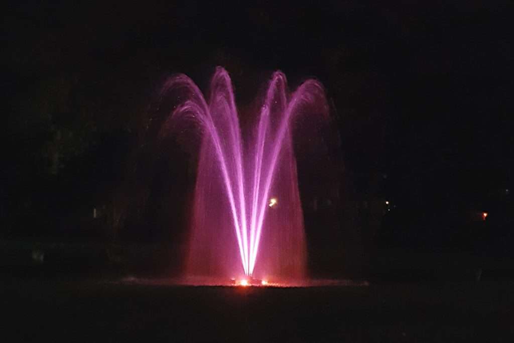 Illuminated pink water fountain at night.