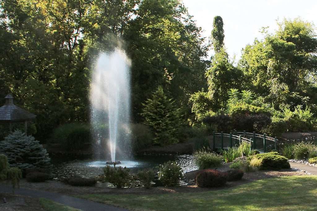 Otterbine Rocket fountain shooting a tall vertical spray in a garden pond surrounded by trees