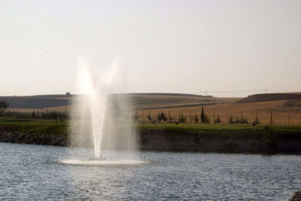Otterbine Rocket fountain spraying in a pond with rolling farmland in the background
