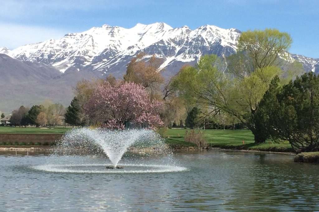 Fountain in pond with snowy mountains and trees in background.