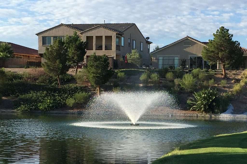 House with fountain in pond, surrounded by trees and shrubs.